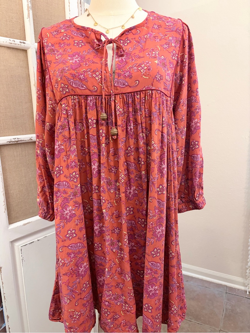Natural Life Floral Paisley Tie Neck Peasant Mini Dress M Rust Purple Boho